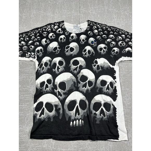 Vintage 1992 Liquid Blue All Over Print Skull T Shirt Single Stitch Mens Large - Picture 1 of 7